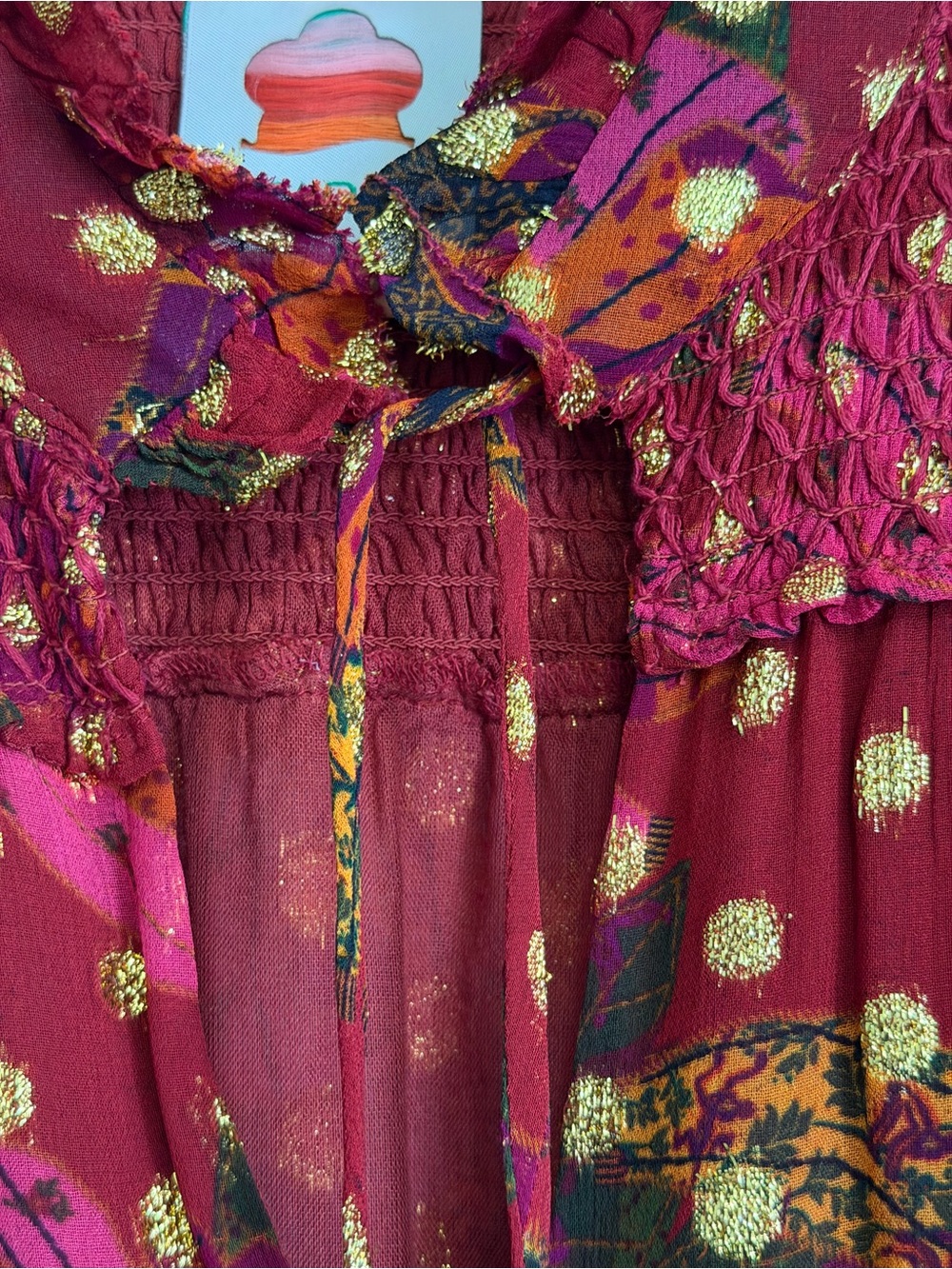 Farm Rio Banana Flowers Mini Dress Long Sleeve Ruffled Maroon Gold Size Medium - Picture 8 of 15
